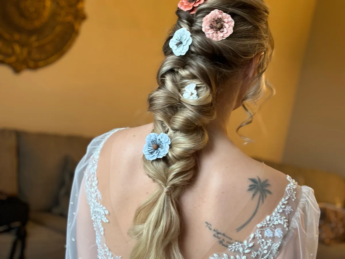 Close detail of bridal hair braiding work by a DFW wedding hair and makeup artist
