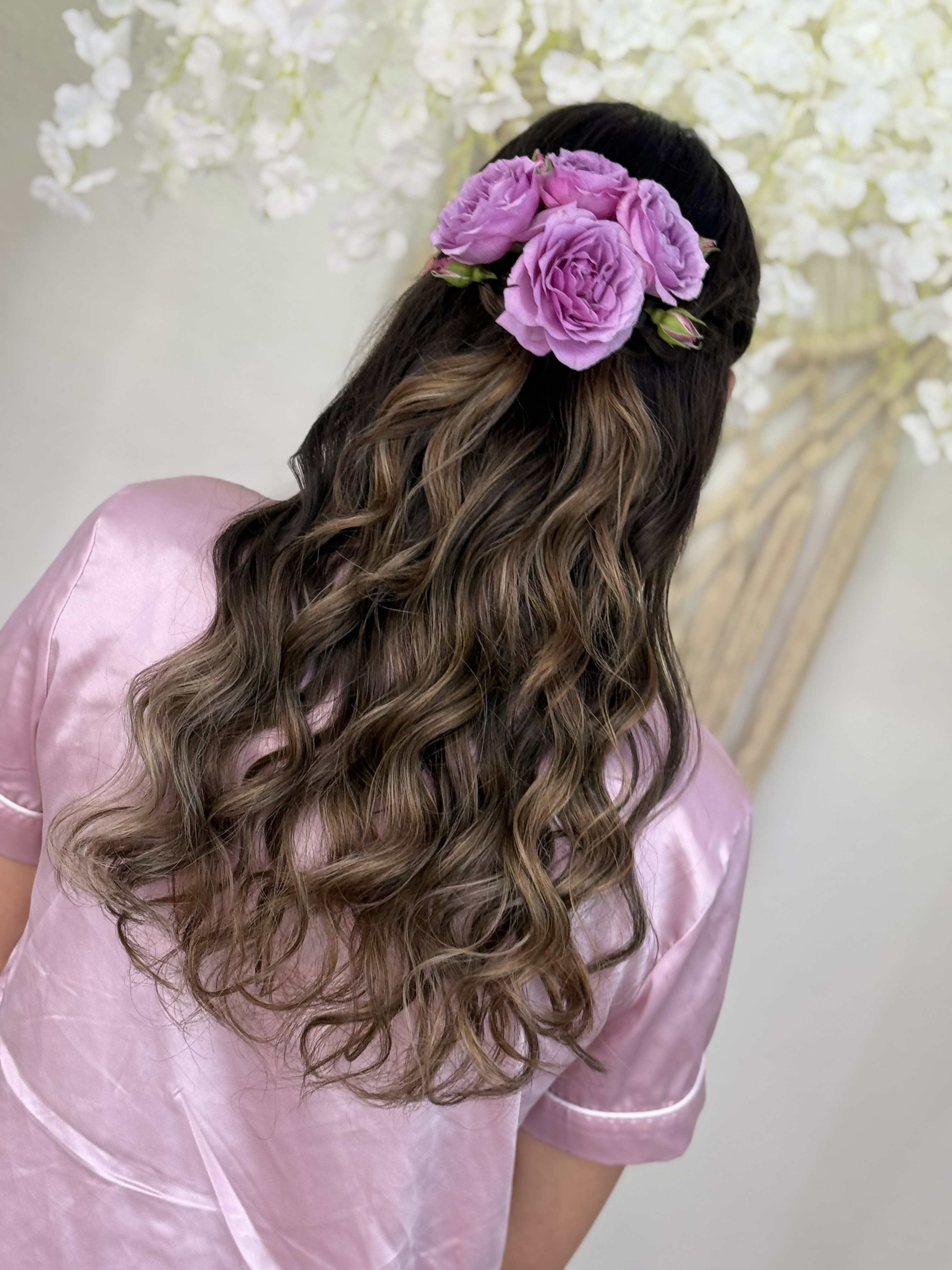 Half-up hairstyle with fresh roses by Andreina — DFW