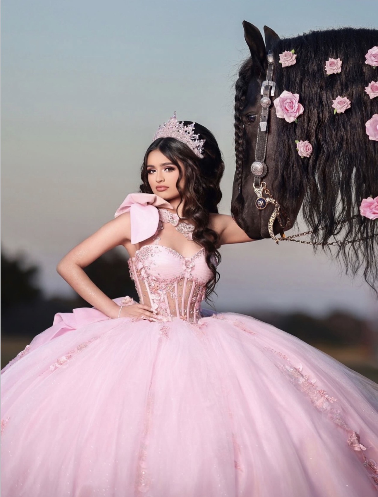 Quinceañera full glam — pink gown and crown DFW